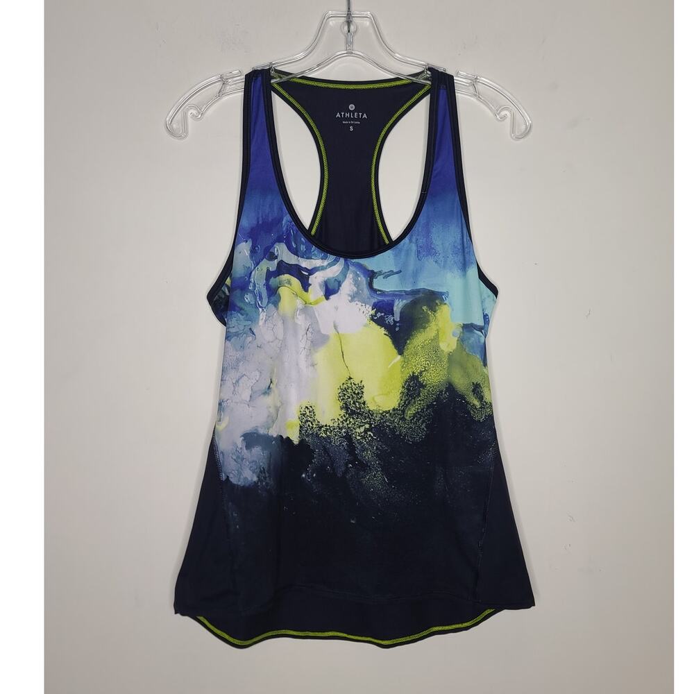 Athleta navy blue white yellow abstract print tank top - small